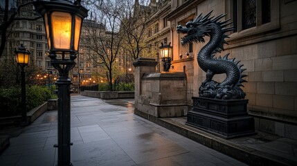 Poster - Dragon statue illuminated at dusk in urban park captivating sculpture serene outdoor setting unique perspective