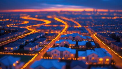 Wall Mural - aerial view background displaying the hidden glow of the evening, blurring night lights, highlightin