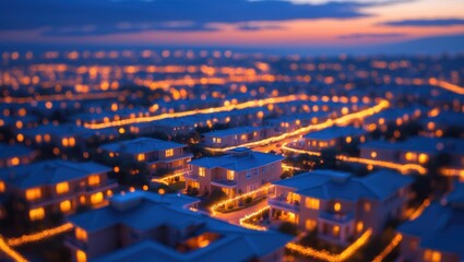 Wall Mural - high-angle view capturing the hidden glow of evening lights, creating a soft blur of nighttime illum