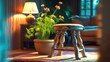 © The 2R Artificiality - Wooden stool beside plant in natural living room interior featuring lamp and rug. Real photo