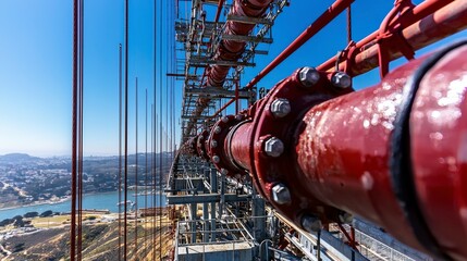 Poster - Industrial pipe installation on communication tower cityscape photo clear sky low angle engineering concept