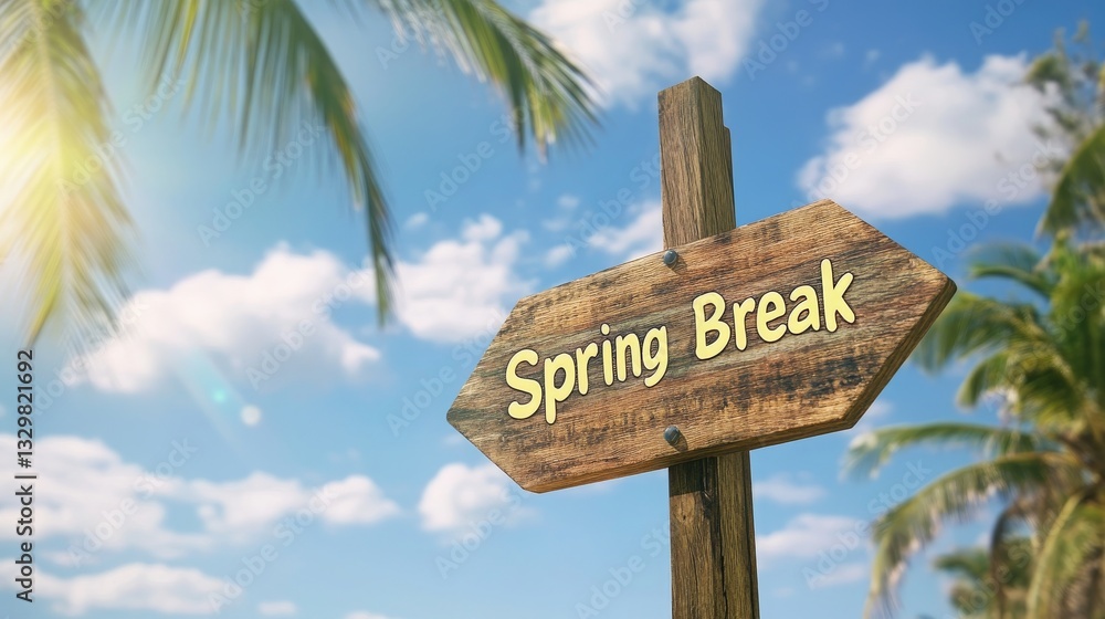 Spring Break Sign with Tropical Beach Background, Sun, Sand, and ...