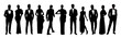 © Creative_Juice_Art - Silhouettes of different multiracial people wearing fashionable clothes for evening event, cocktail or party. Men in tuxedo, women in gowns. Black vector illustration isolated