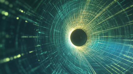 Digital Tunnel: A mesmerizing digital tunnel comprised of glowing lines and particles, creating a sense of depth and movement, representing data flow, the digital world, and technological advancement.