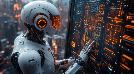 Futuristic Robot Interacting with Advanced Technology Interface in a Cityscape
