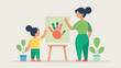 © Design Wave Ai - Joyful Mother's Day Celebration: Mom and Child Create Adorable Handprint Art on a Canvas, A heartwarming flat color illustration perfect for cards, banners, and social media posts