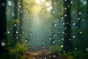 A macro photo of water droplets on a spider web in the morning light.
