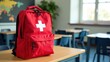 © Artem Zatsepilin - red backpack with white cross on classroom desk, symbolizing emergency preparedness and safety in educational settings. education, emergency kit, school safety.