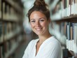 © Boke - Smiling student standing by bookshelves in library, studying and learning