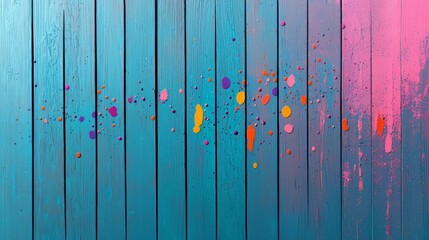Poster - Blue wooden background with splatters of paint in various colors. The splatters are arranged in a way that creates a sense of movement and energy. Scene is vibrant and dynamic