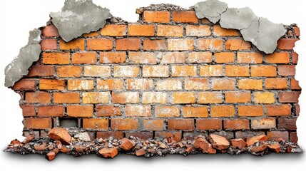 Fototapete - Brick wall with a hole in it. The wall is crumbling and has a lot of debris on it