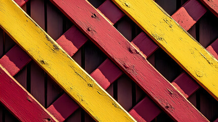 Wall Mural - Wooden fence featuring eye-catching red and yellow stripes showcasing creative use of negative space in a bold and artistic way.