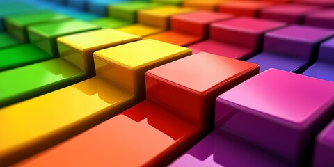 Poster - Colorful image of blocks in various shades of red, yellow, and blue. The blocks are arranged in a way that creates a sense of depth and dimension. The image conveys a feeling of creativity