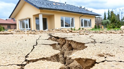 Poster - House with a large hole in the ground in front of it. The house is in a residential area