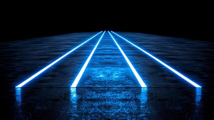 Leinwandbilder - Long blue road with three lines of light. The road is empty and the lights are on