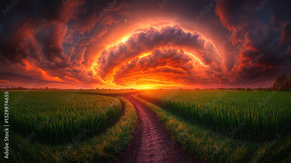 Golden rice field under dramatic storm clouds with diagonal lightning ...