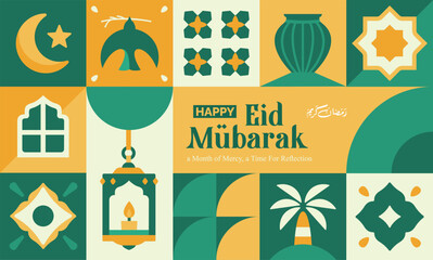 abstract geometric pattern of eid al fitr, ramadan kareem with various bright colored islamic icons 