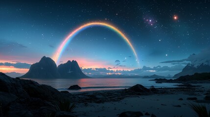 Aufkleber - Rainbow is seen in the sky above a beach. The sky is dark and the water is calm. The scene is peaceful and serene