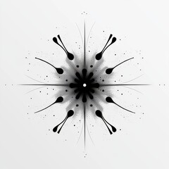 Poster - Abstract Black and White Radial Design with Drop Shapes, Lines, and Dot Accents, against a Plain Background.