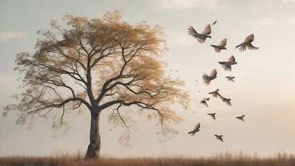 Wall Mural - majestic tree with golden leaves and flocks of birds in flight during twilight