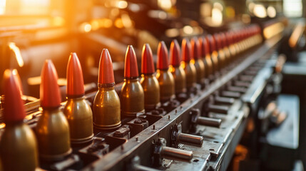 Fototapete - Artillery shells on the assembly line at a manufacturing facility Generative AI