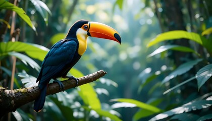 toucan tropical bird sitting on a tree branch in natural wildlife environment in rainforest jungle