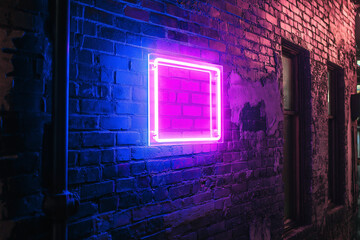 Wall Mural - neon square on a brick wall, glowing pink neon square against a dark brick background. illuminated b
