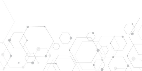 Poster - Molecular structure abstract tech background. Geometric white background. Vector banner design with hexagons. Science network pattern, connecting lines and dots Medical background, Vector illustration