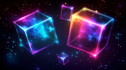 Wall Mural - Abstract glowing cube structures with vibrant neon edges and reflective metallic faces floating in infinite dark space created using generative ai for banners. Infinite Glow. Illustration