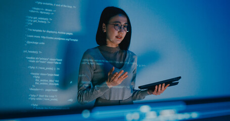 Group adult Asia female software developer mentor leader manager talk strategy plan to executive write prompt AI bot IT app program nomad, video game, designer, data center. Projecting slideshow code.