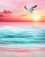 Wall Mural - a serene beach scene at sunset, featuring gentle waves, soft sand, and a seagull soaring against a c