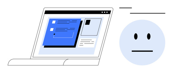 Laptop screen displaying an organized website interface alongside a neutral-faced emotion. Ideal for technology, communication, UX design, feedback, user experience, minimalism, productivity. Flat