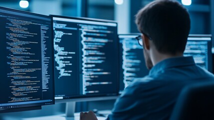 focused programmer analyzing code, young male developer immersed in work on dual monitors in modern 