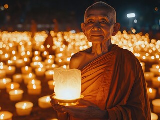Wall Mural - monk with lit candle in candle field