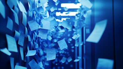 Paper sheets falling with digital code images