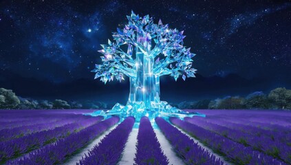 Wall Mural - Enchanting celestial tree with shimmering glass leaves in lavender field under starry night sky