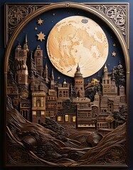 a beautifully crafted paper-cut cityscape illuminated by a glowing full moon, featuring intricate la