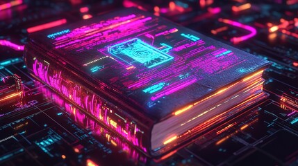 book with glowing virtual data streams, representing digital education, technology, and knowledge transfer in a futuristic setting