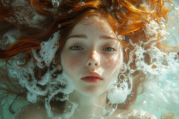 Wall Mural - girl floating weightlessly in water-filled glass tank, her hair swirling around her like ink clouds,