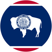 Wyomings Proud Bison Silhouette Stands Strong On A Rich Navy Blue Circular Flag, Framed By Bold Red And White Stripes, Symbolizing The States Heritage And Resilience