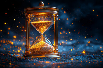 Wall Mural - a glowing hourglass with sand transforming into falling stars. concept of time perception and cosmic