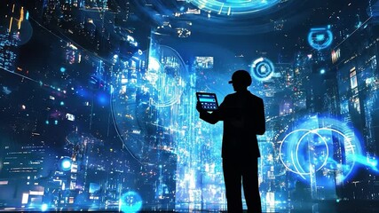 Futuristic city, man working with tablet