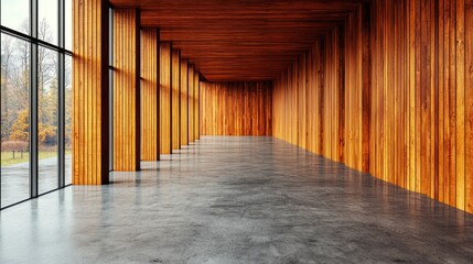 hallway, wooden architecture, trees, and empty space
