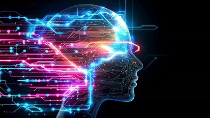 A human head silhouette contains bright neon circuits with connecting lines, representing the concept of artificial intelligence and data processing