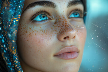 Wall Mural - woman wrapped in flowing silk scarf printed with constellations looks upward at night sky filled wit