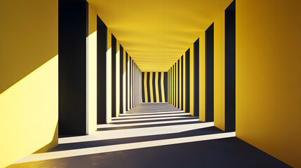 Wall Mural - bright and cheerful long hallway with vivid yellow walls and striking black lines creating a unique 