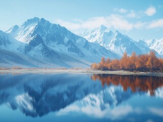 Wall Mural - Lake surrounded by snow-covered mountains and trees