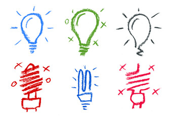 Wall Mural - modern light bulbs crayon chalk drawing vector set