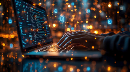 Hands typing on a laptop with glowing code and cybersecurity icons, symbolizing hacking, data security, and digital technology