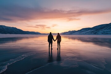 Wall Mural - couple walking on frozen lake